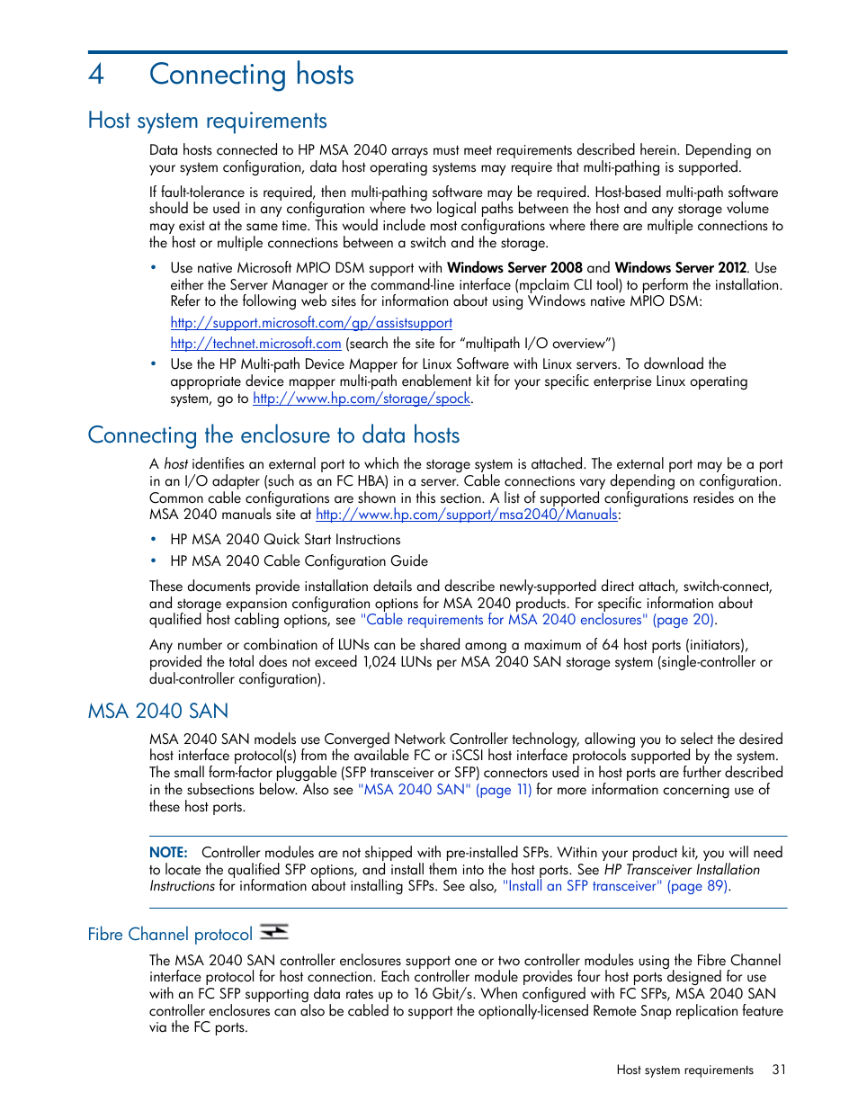 Connecting hosts, Host system requirements, Connecting the enclosure to data hosts | Msa 2040 san, Fibre channel protocol, 4 connecting hosts, 4connecting hosts | HP MSA 2040 SAN Storage User Manual | Page 31 / 94