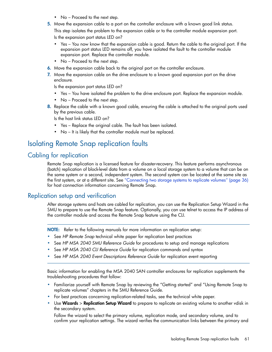 Isolating remote snap replication faults, Cabling for replication, Replication setup and verification | Isolating remote snap | HP MSA 2040 SAN Storage User Manual | Page 61 / 94