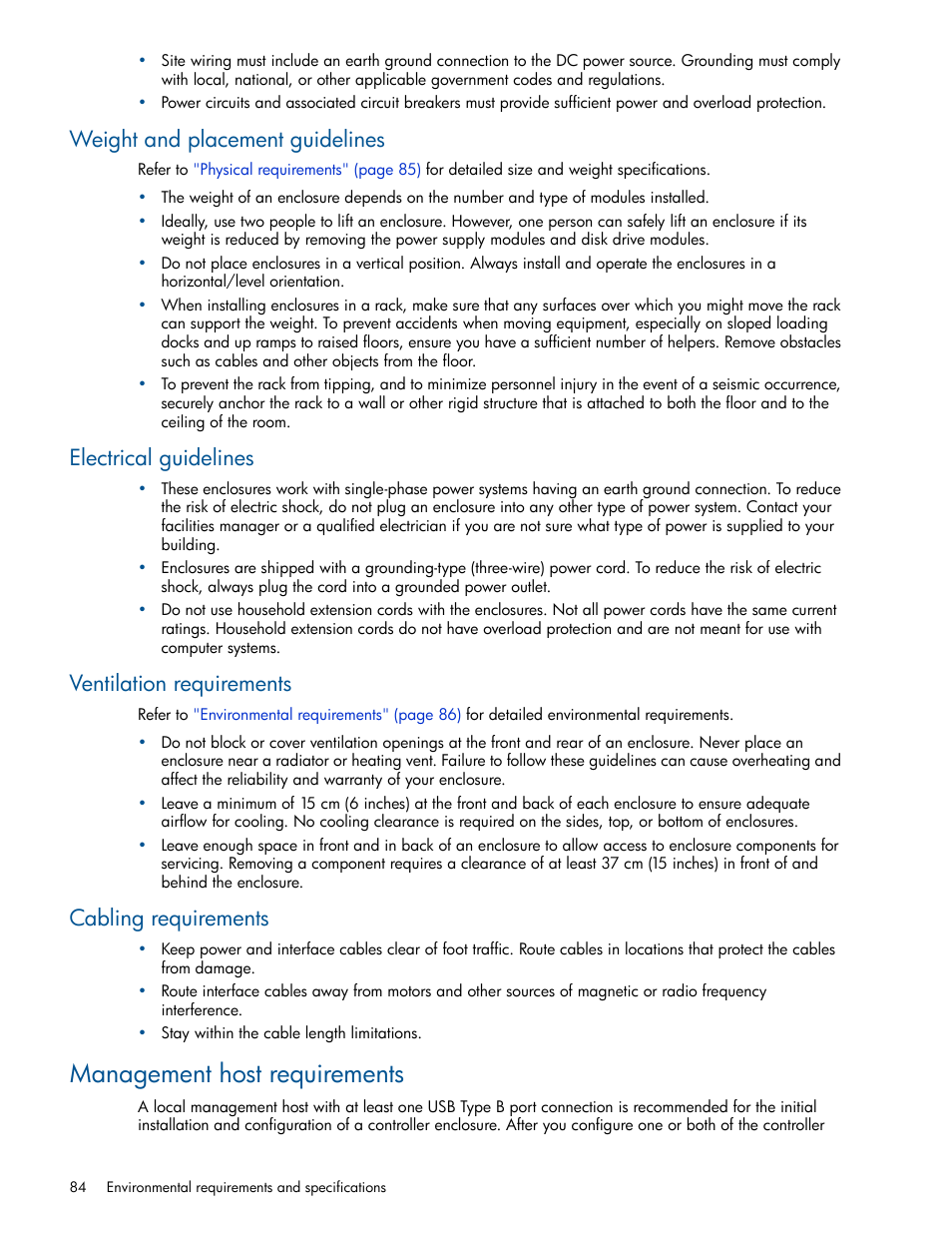 Weight and placement guidelines, Electrical guidelines, Ventilation requirements | Cabling requirements, Management host requirements | HP MSA 2040 SAN Storage User Manual | Page 84 / 94