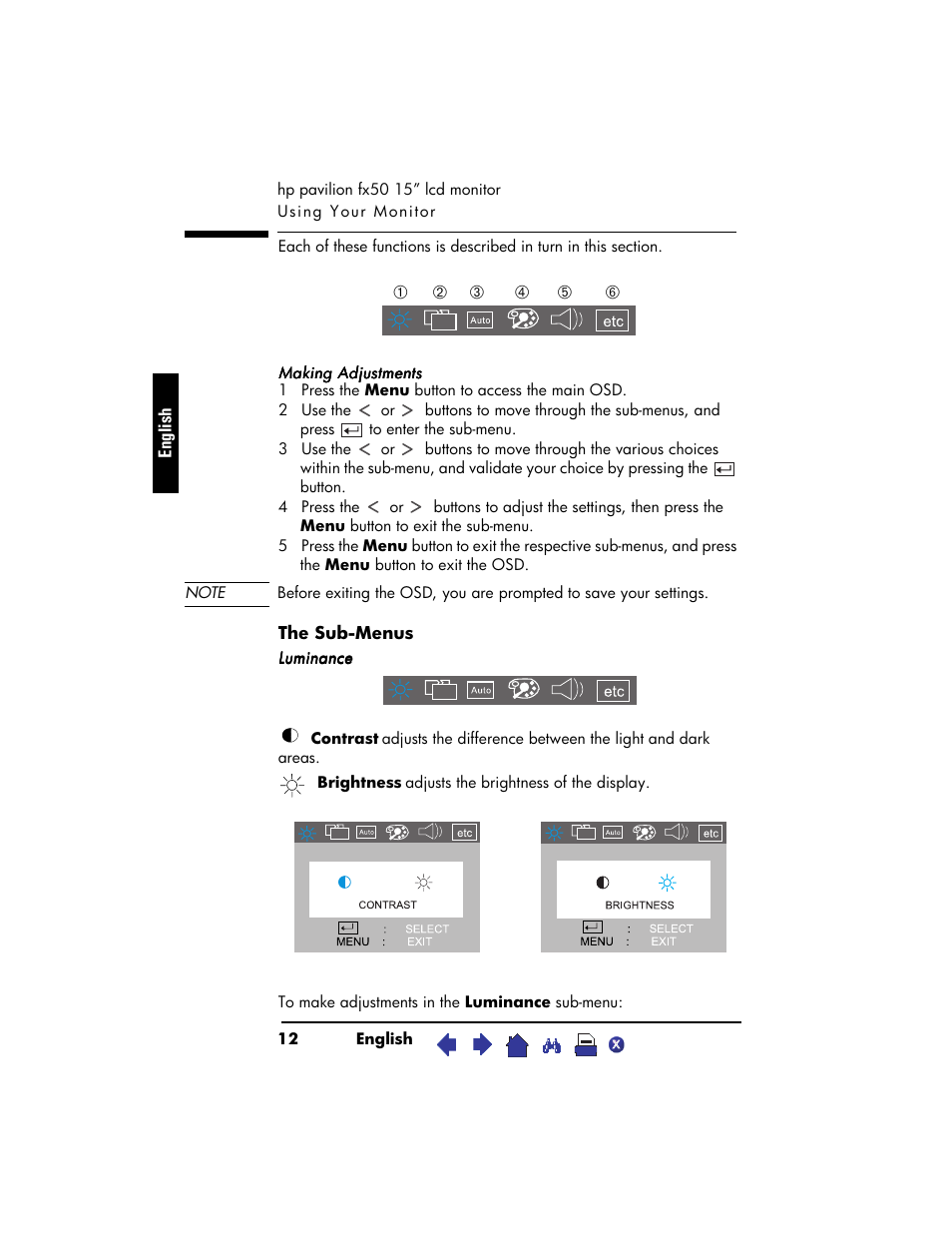Making adjustments, 1 press the menu button to access the main osd, The sub-menus | Luminance | HP Pavilion fx50 15 inch Flat Panel Monitor User Manual | Page 14 / 31