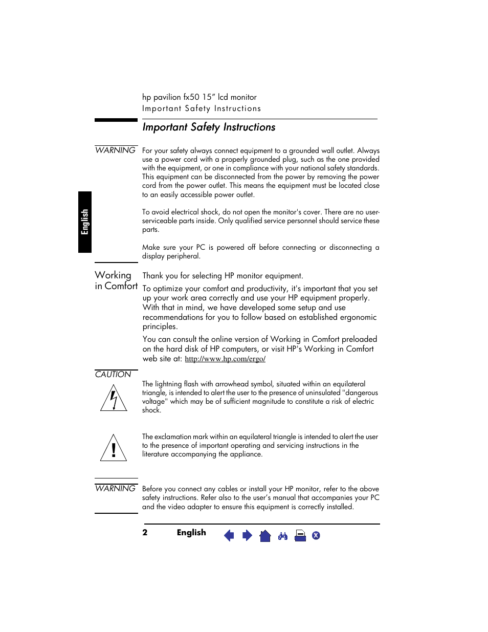 Important safety instructions, Working in comfort | HP Pavilion fx50 15 inch Flat Panel Monitor User Manual | Page 4 / 31