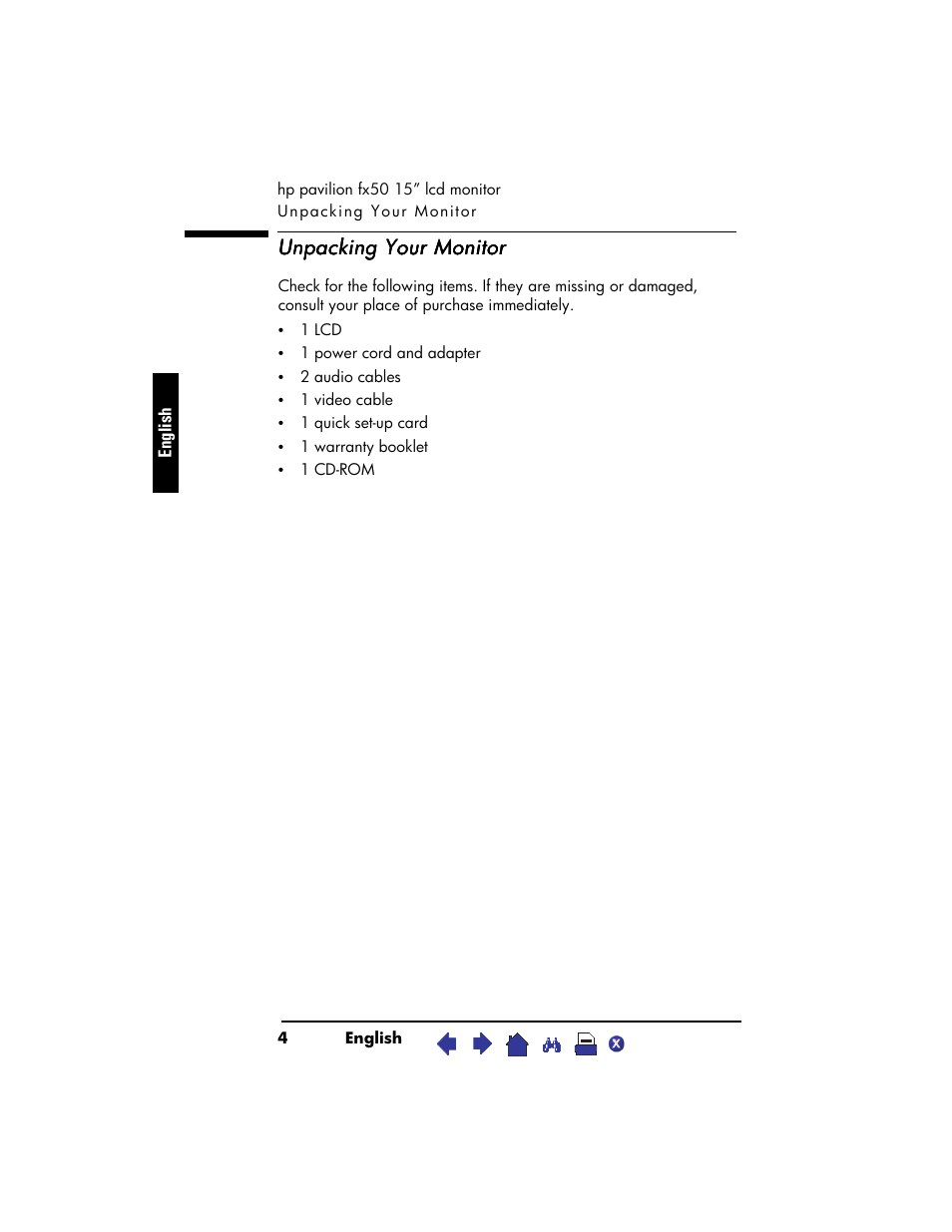 Unpacking your monitor | HP Pavilion fx50 15 inch Flat Panel Monitor User Manual | Page 6 / 31