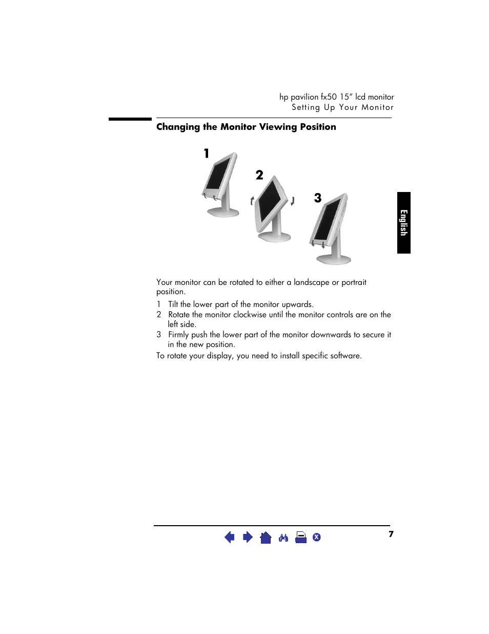 Changing the monitor viewing position, 1 tilt the lower part of the monitor upwards | HP Pavilion fx50 15 inch Flat Panel Monitor User Manual | Page 9 / 31
