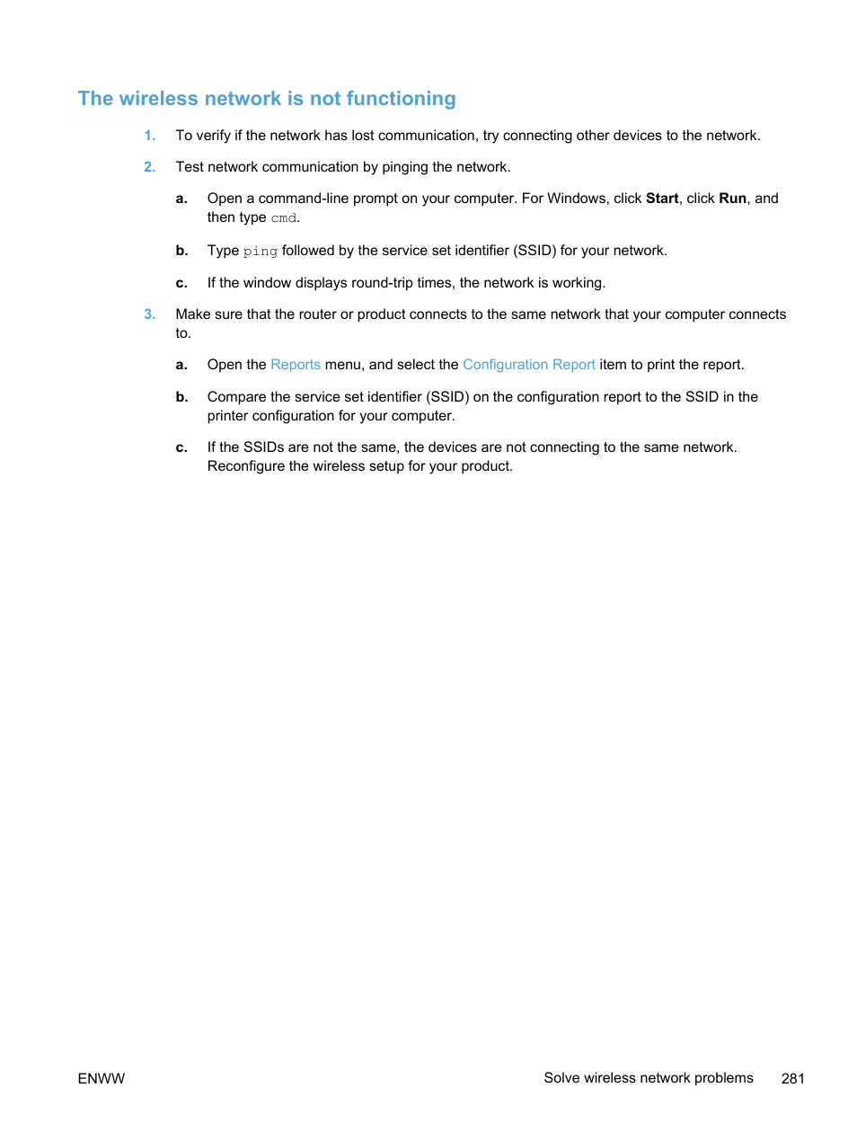 The wireless network is not functioning | HP LaserJet Pro 300 Color MFP M375 User Manual | Page 297 / 344