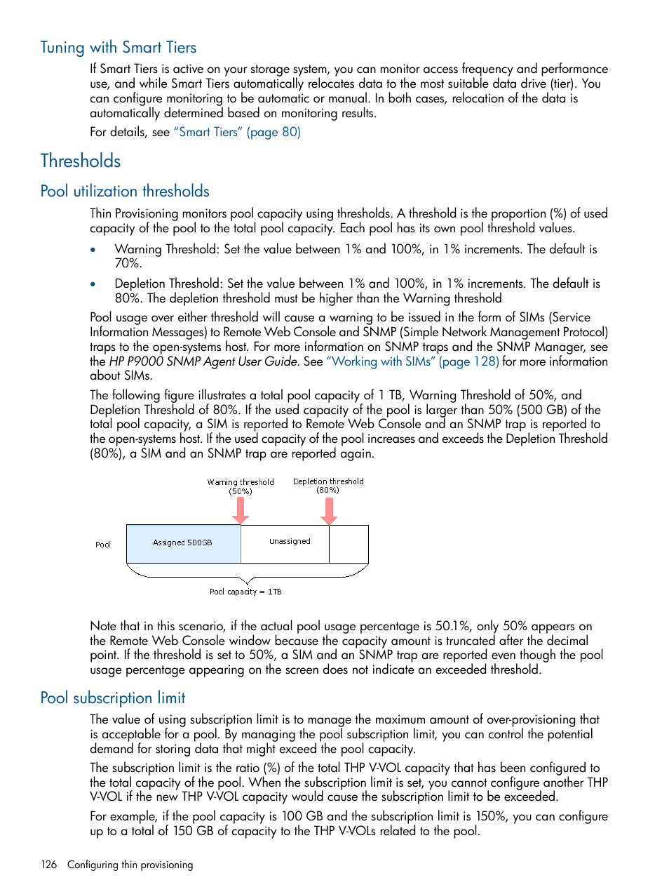 Tuning with smart tiers, Thresholds, Pool utilization thresholds | Pool subscription limit | HP XP P9500 Storage User Manual | Page 126 / 411
