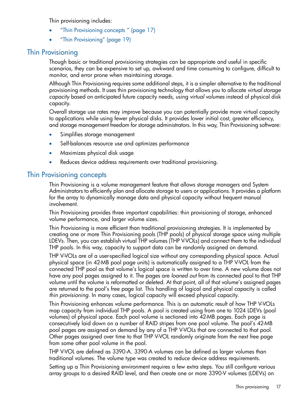 Thin provisioning, Thin provisioning concepts, Thin provisioning thin provisioning concepts | HP XP P9500 Storage User Manual | Page 17 / 411