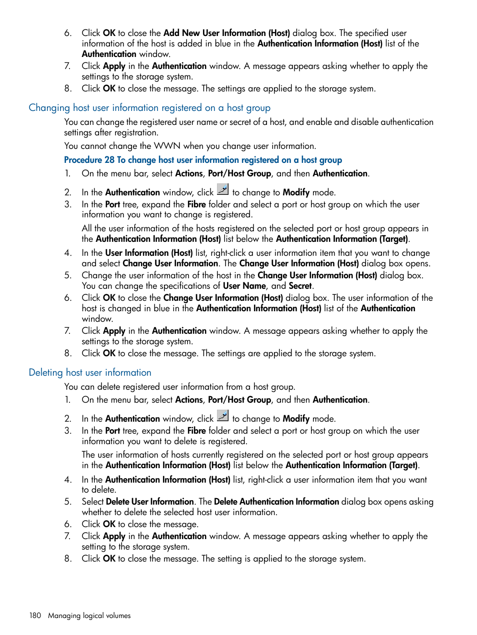 Deleting host user information | HP XP P9500 Storage User Manual | Page 180 / 411