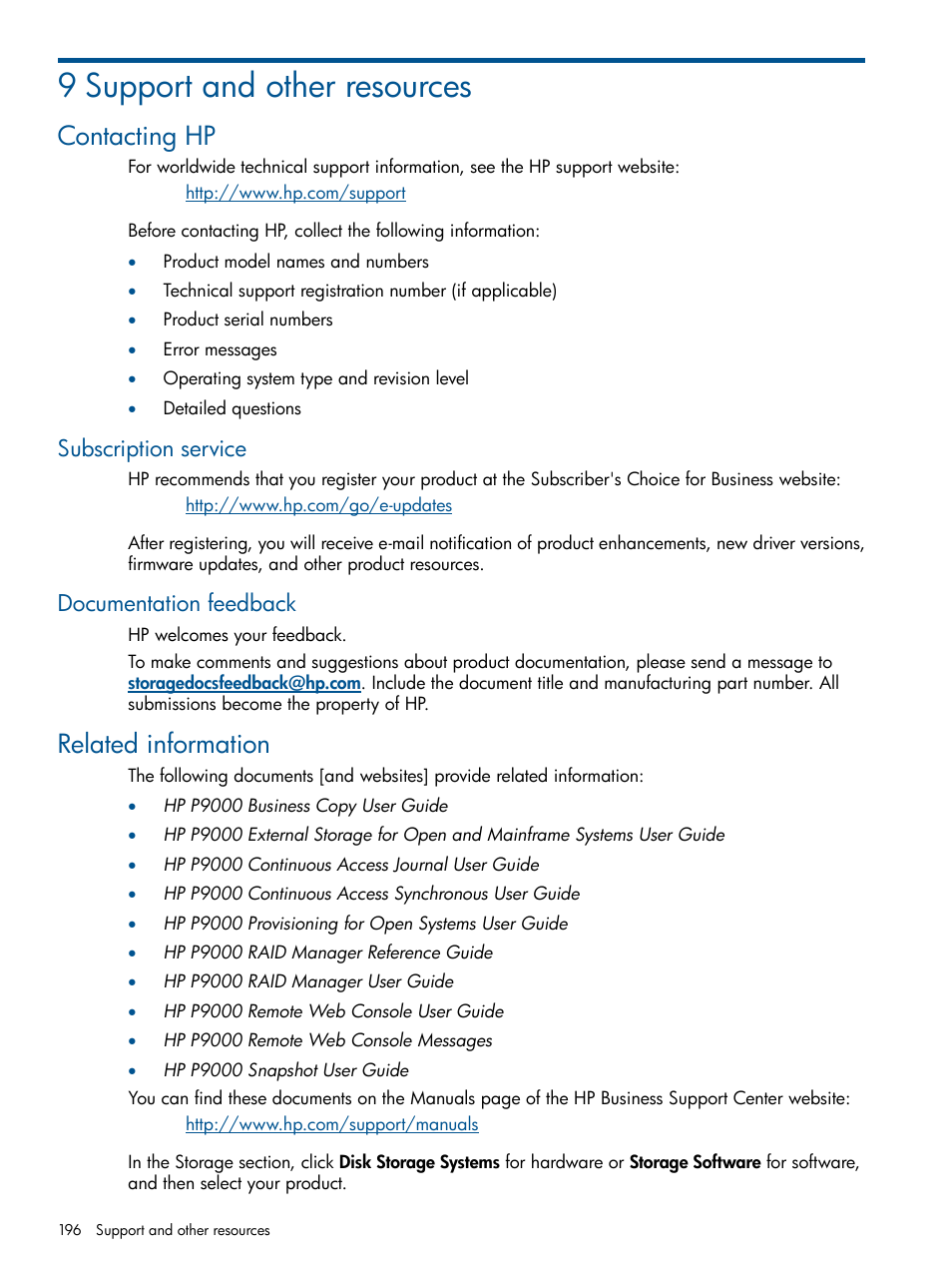 9 support and other resources, Contacting hp, Subscription service | Documentation feedback, Related information, Subscription service documentation feedback | HP XP P9500 Storage User Manual | Page 196 / 411