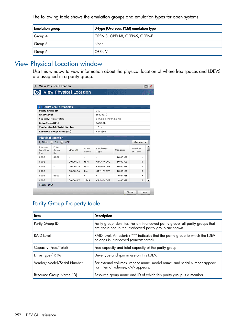 View physical location window, Parity group property table | HP XP P9500 Storage User Manual | Page 252 / 411