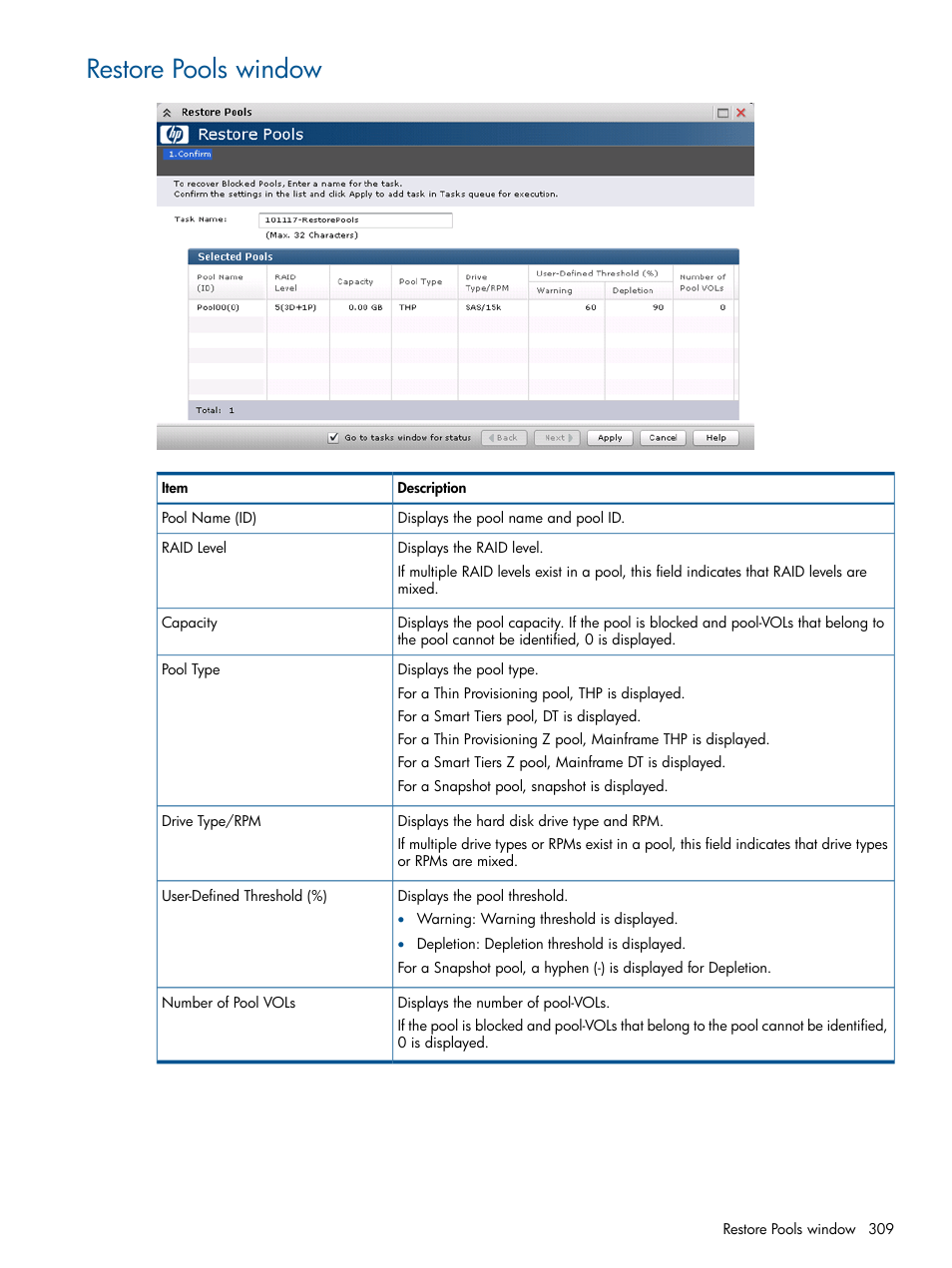 Restore pools window | HP XP P9500 Storage User Manual | Page 309 / 411