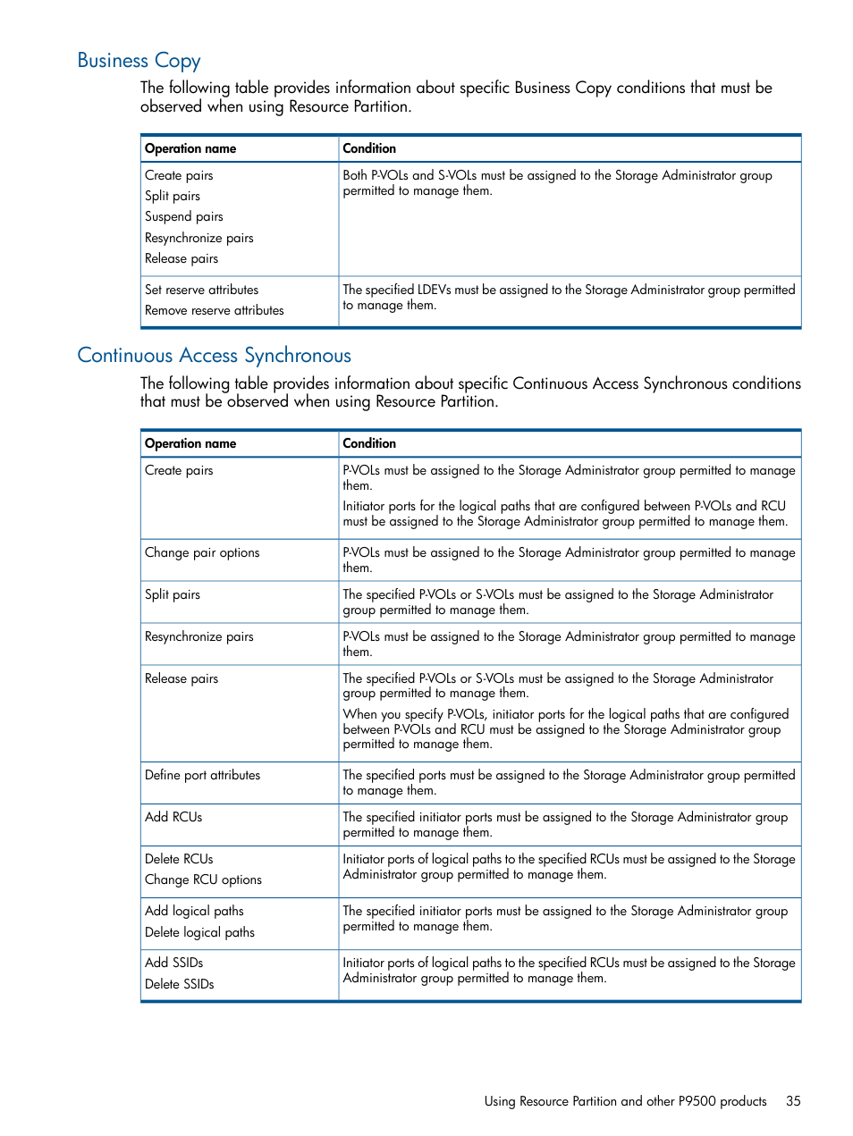 Business copy, Continuous access synchronous, Business copy continuous access synchronous | HP XP P9500 Storage User Manual | Page 35 / 411