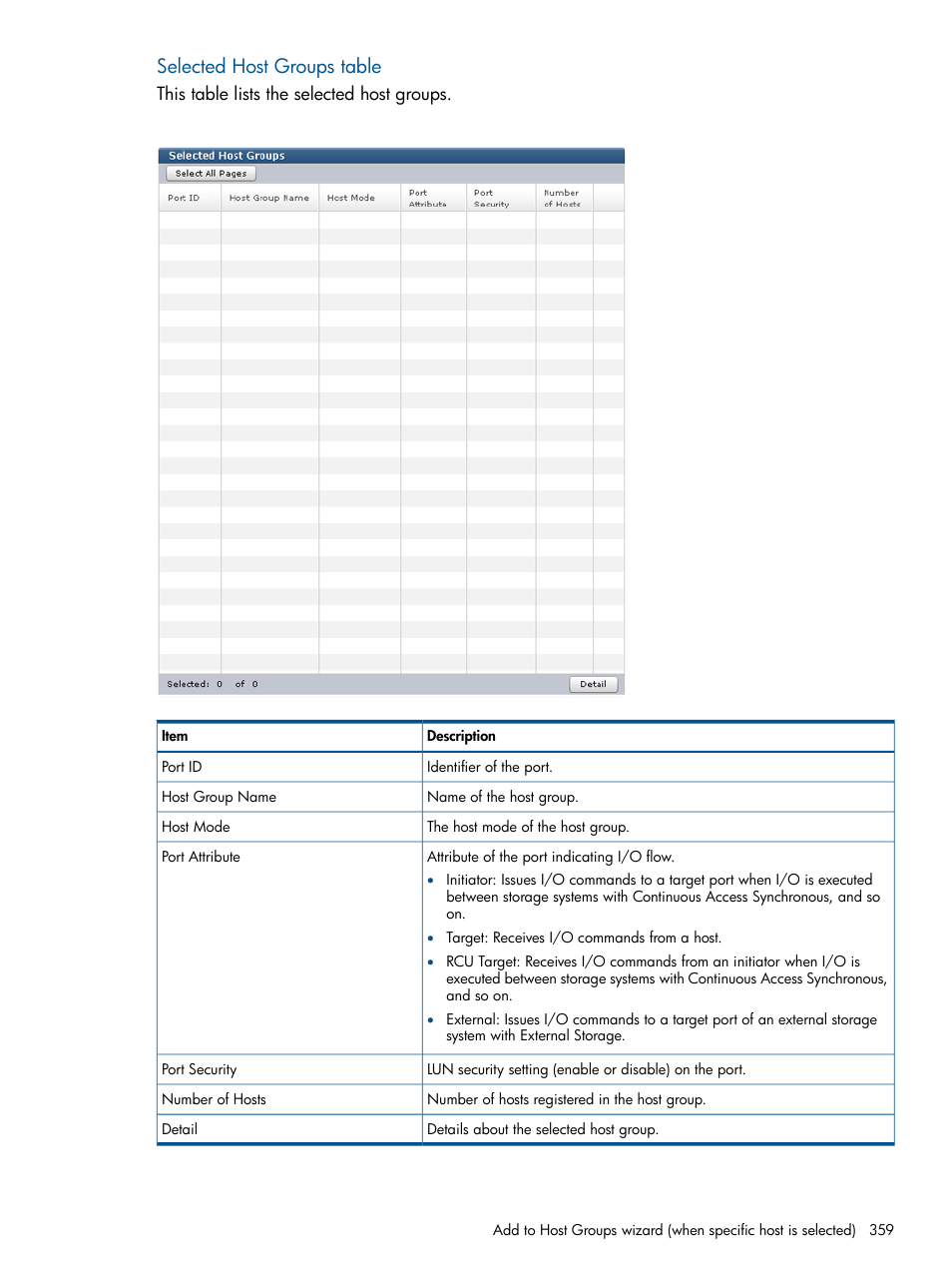 Selected host groups table | HP XP P9500 Storage User Manual | Page 359 / 411