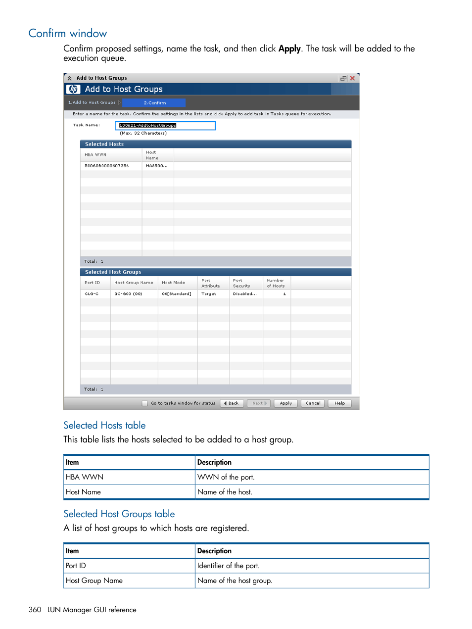 Confirm window, Selected hosts table, Selected host groups table | HP XP P9500 Storage User Manual | Page 360 / 411
