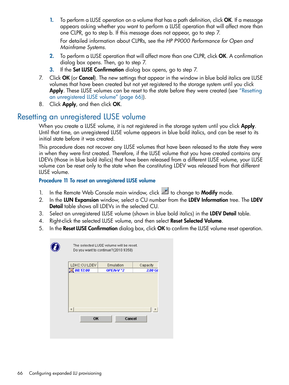 Resetting an unregistered luse volume | HP XP P9500 Storage User Manual | Page 66 / 411