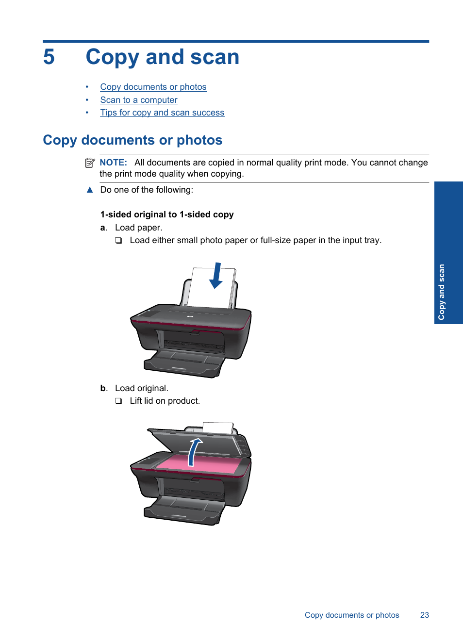 Copy and scan, Copy documents or photos, 5 copy and scan | 5copy and scan | HP Deskjet 1056 All-in-One Printer - J410a User Manual | Page 25 / 54