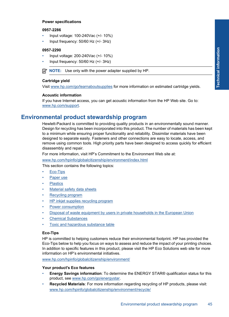 Environmental product stewardship program | HP Deskjet 1056 All-in-One Printer - J410a User Manual | Page 47 / 54
