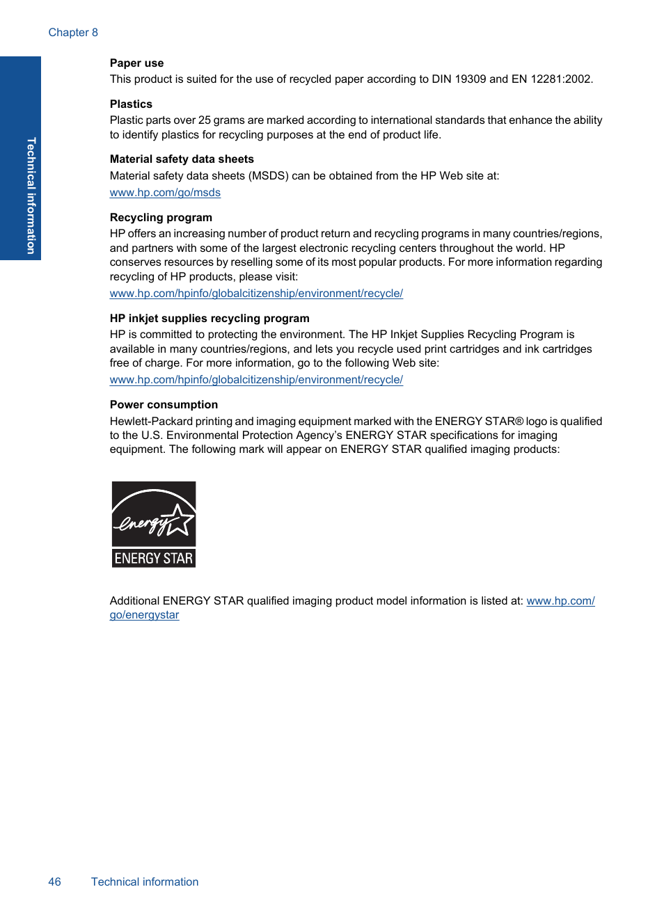 Paper use, Plastics, Material safety data sheets | Recycling program, Hp inkjet supplies recycling program, Power consumption | HP Deskjet 1056 All-in-One Printer - J410a User Manual | Page 48 / 54