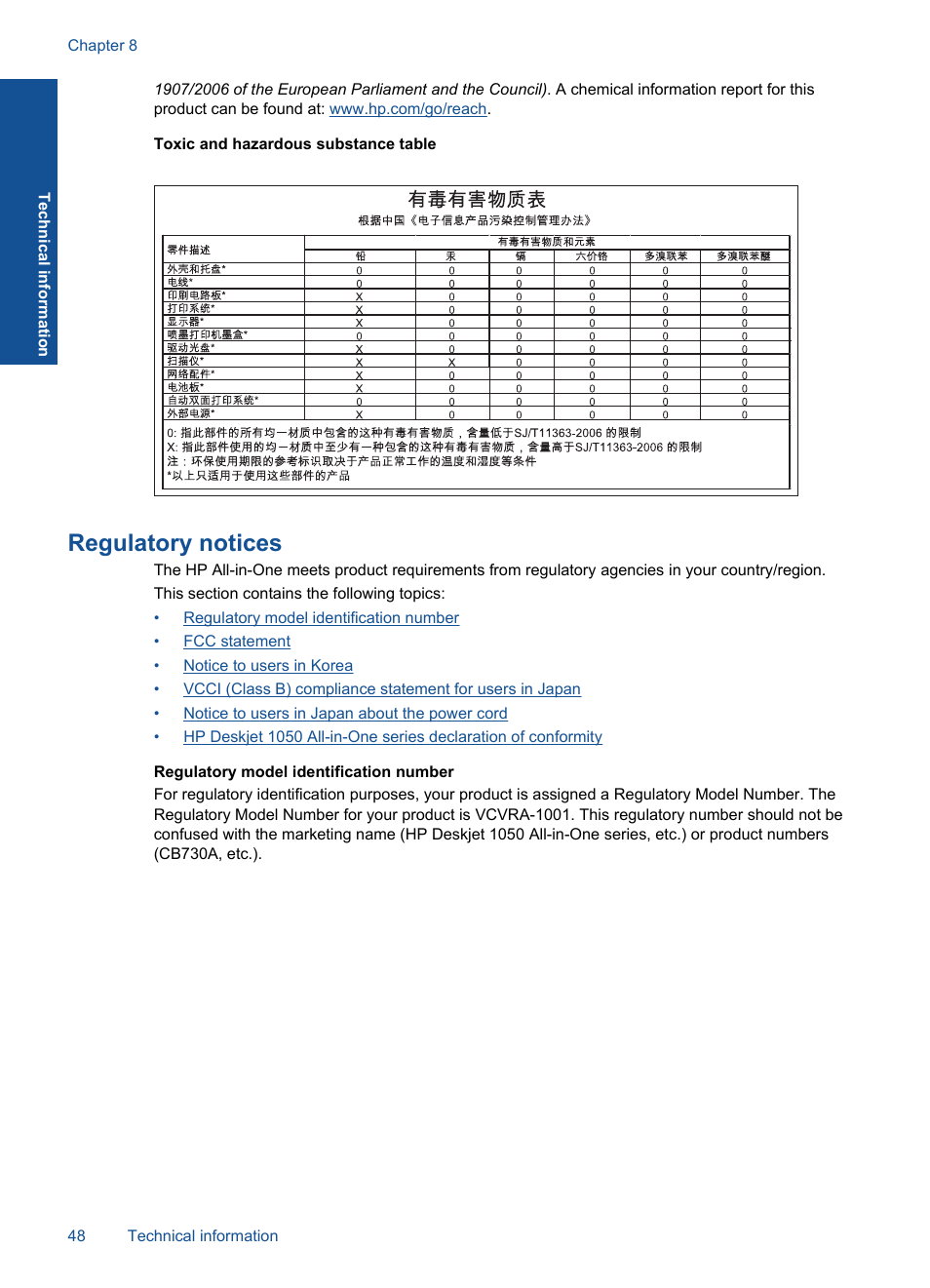 Regulatory notices, Toxic and hazardous substance table | HP Deskjet 1056 All-in-One Printer - J410a User Manual | Page 50 / 54