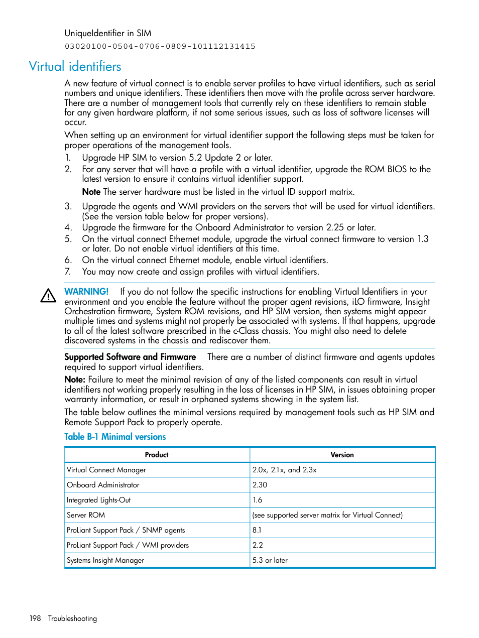 Virtual identifiers, Minimal versions | HP Systems Insight Manager User Manual | Page 198 / 253