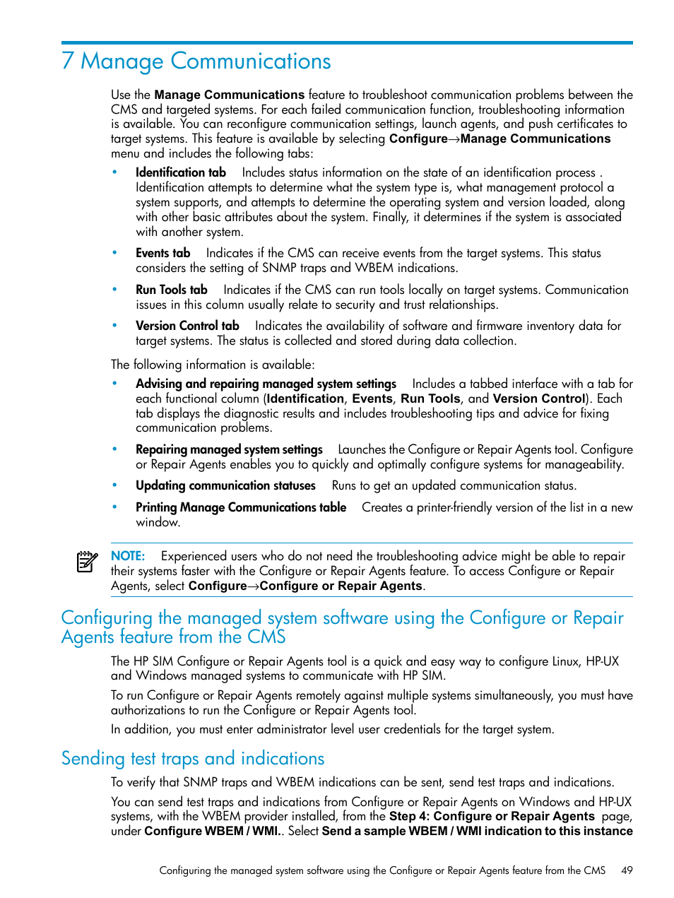 7 manage communications, Sending test traps and indications | HP Systems Insight Manager User Manual | Page 49 / 253