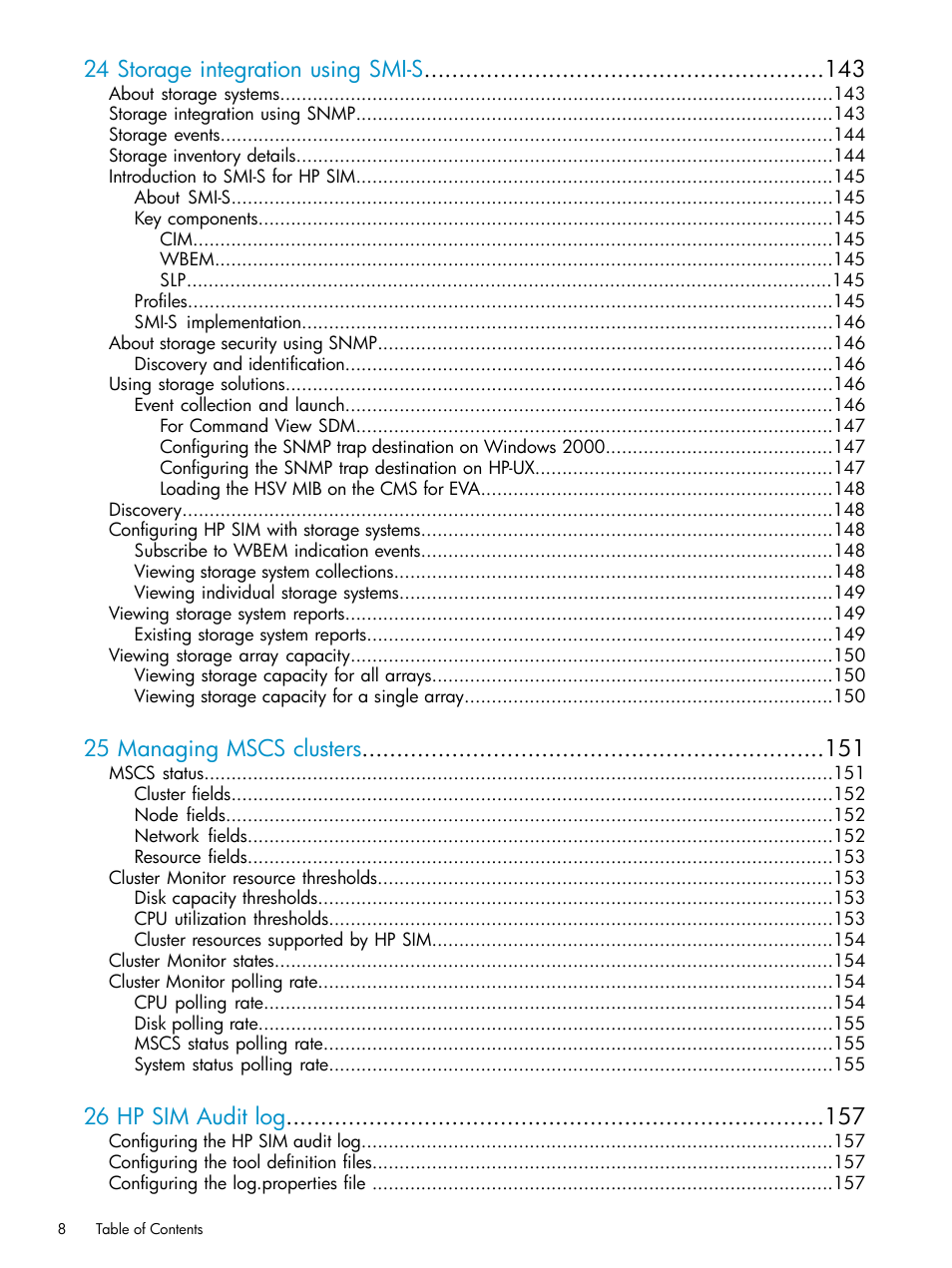 24 storage integration using smi-s, 25 managing mscs clusters, 26 hp sim audit log | HP Systems Insight Manager User Manual | Page 8 / 253