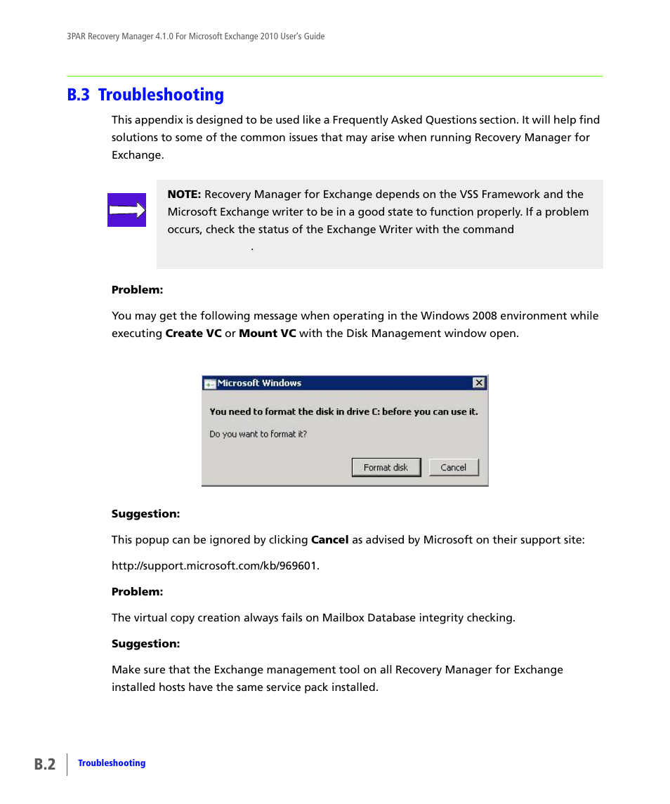 B.3 troubleshooting, Troubleshooting | HP 3PAR Application Software Suite for Microsoft Exchange User Manual | Page 112 / 164