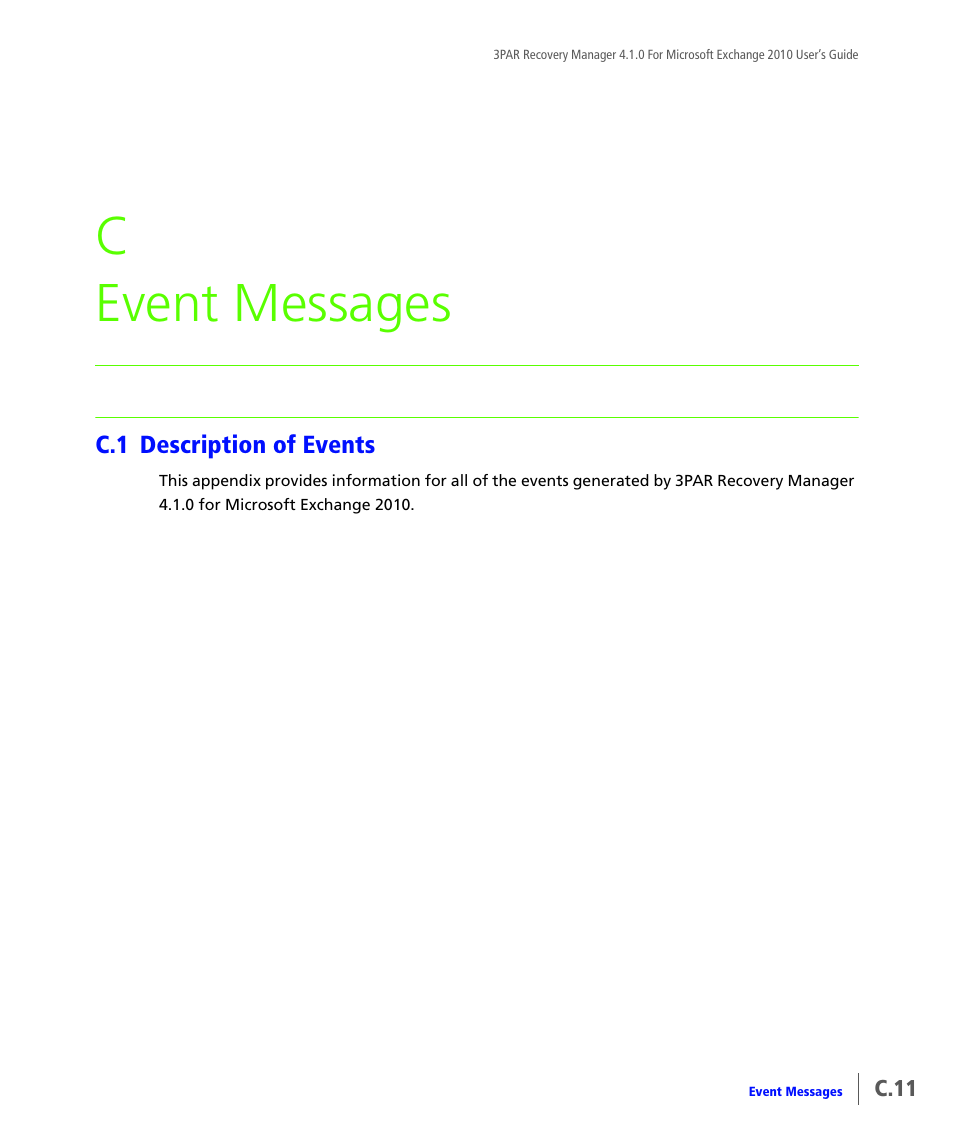 Event messages, C.1 description of events, Description of events | Appendix c, event messages, C event messages | HP 3PAR Application Software Suite for Microsoft Exchange User Manual | Page 121 / 164