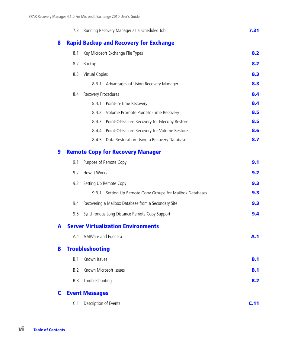 8rapid backup and recovery for exchange, 9remote copy for recovery manager, Aserver virtualization environments | Btroubleshooting, Cevent messages | HP 3PAR Application Software Suite for Microsoft Exchange User Manual | Page 6 / 164