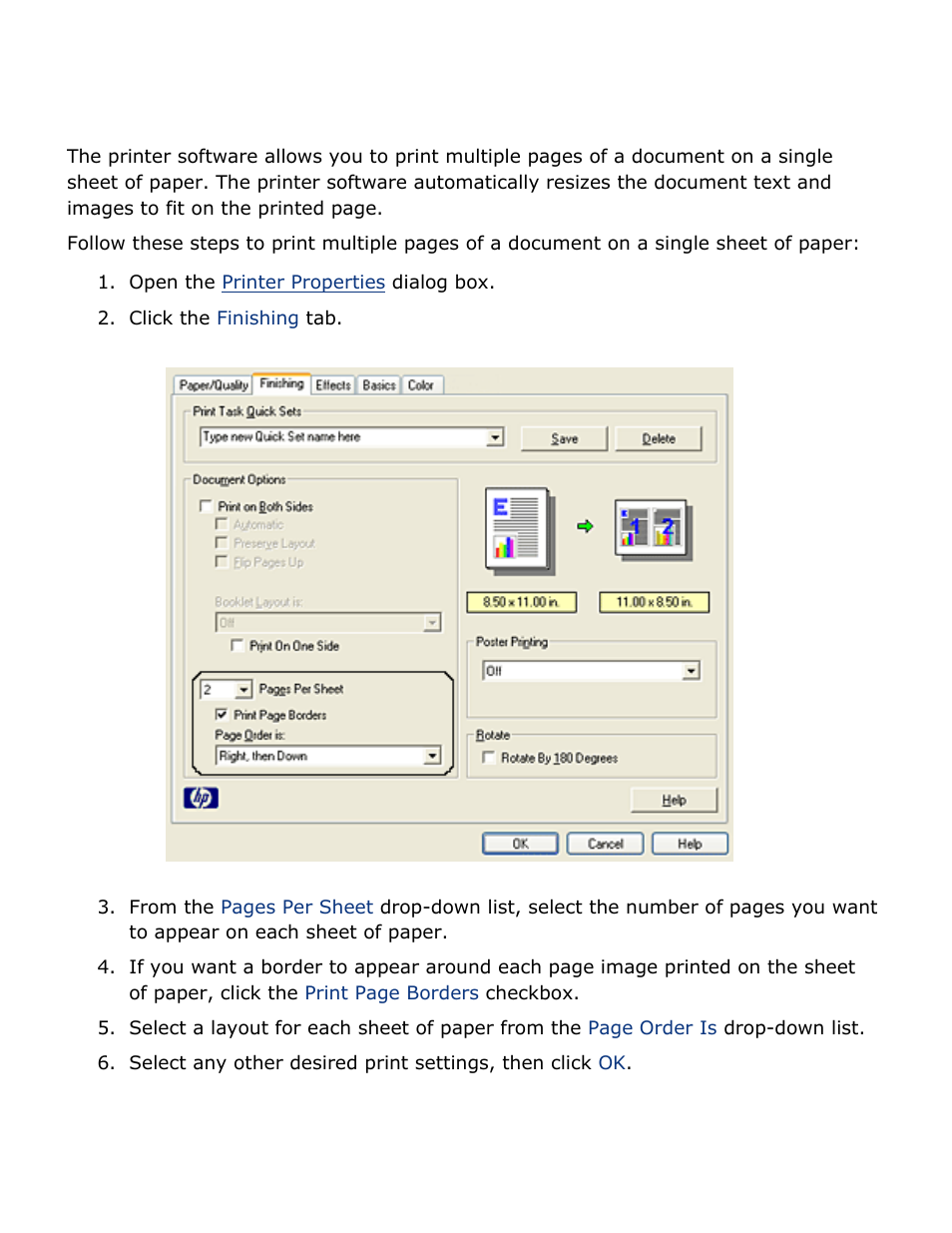 Printer software, Printing multiple pages on a single sheet of paper | HP Deskjet 5850 Color Inkjet Printer User Manual | Page 135 / 217