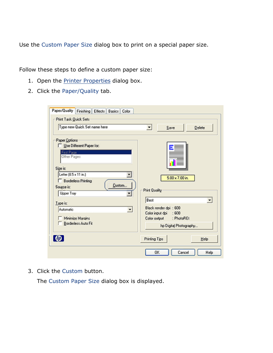 Setting a custom paper size | HP Deskjet 5850 Color Inkjet Printer User Manual | Page 148 / 217