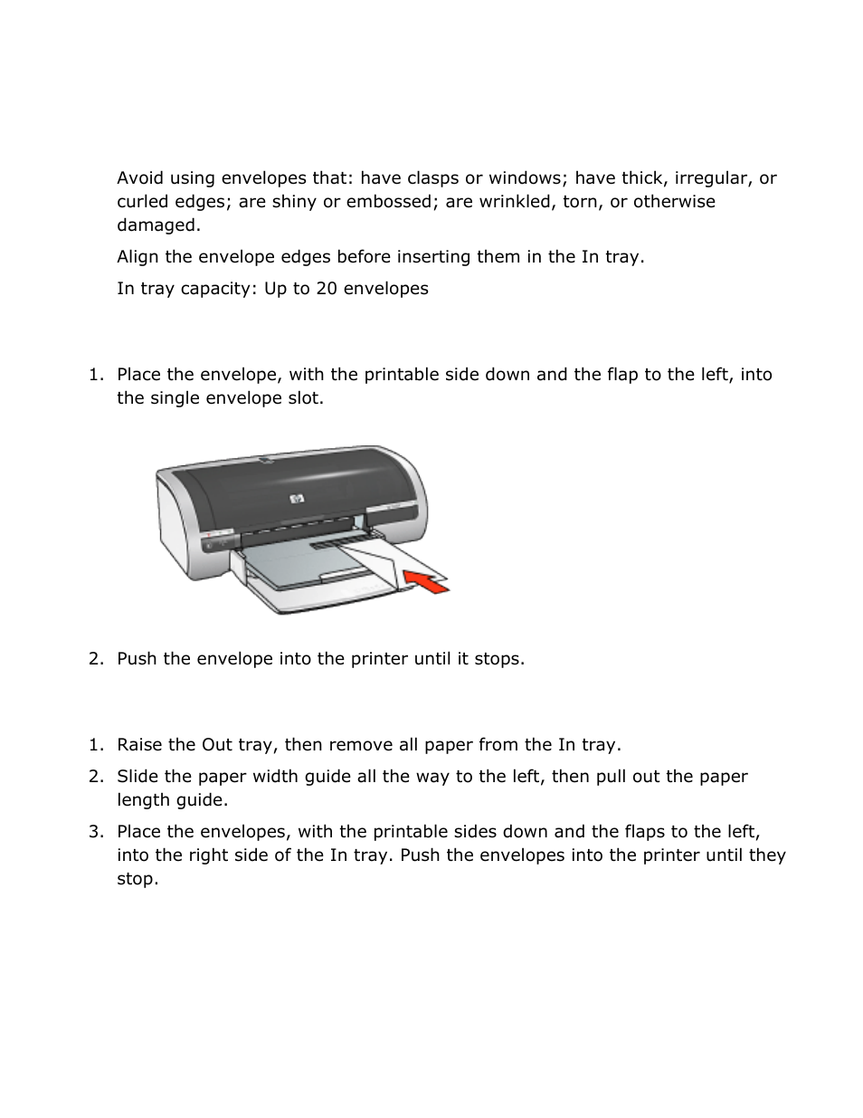 Envelopes, Guidelines, Preparing to print a single envelope | Preparing to print a stack of envelopes | HP Deskjet 5850 Color Inkjet Printer User Manual | Page 156 / 217