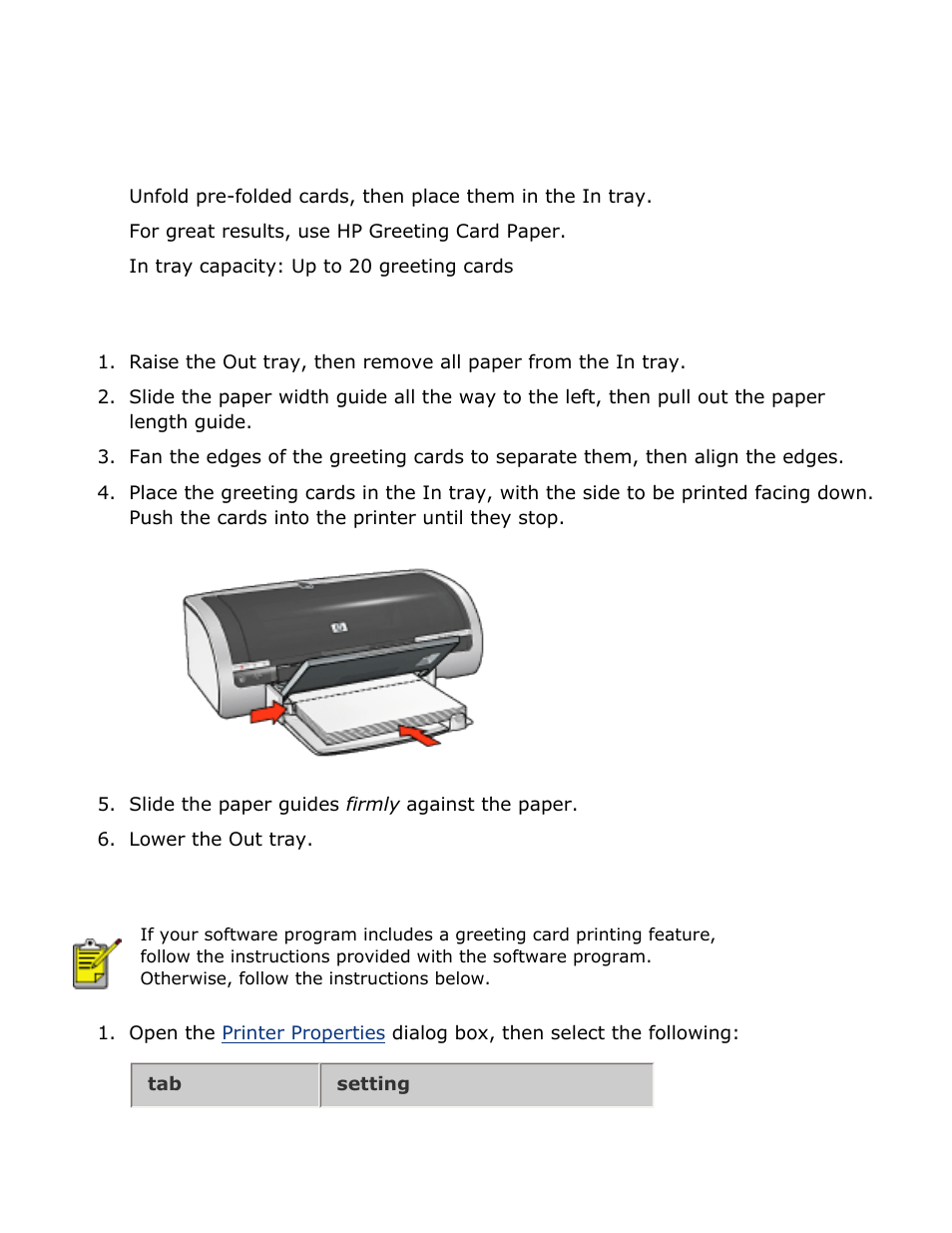 Greeting cards, Guidelines, Preparing to print | Printing | HP Deskjet 5850 Color Inkjet Printer User Manual | Page 163 / 217