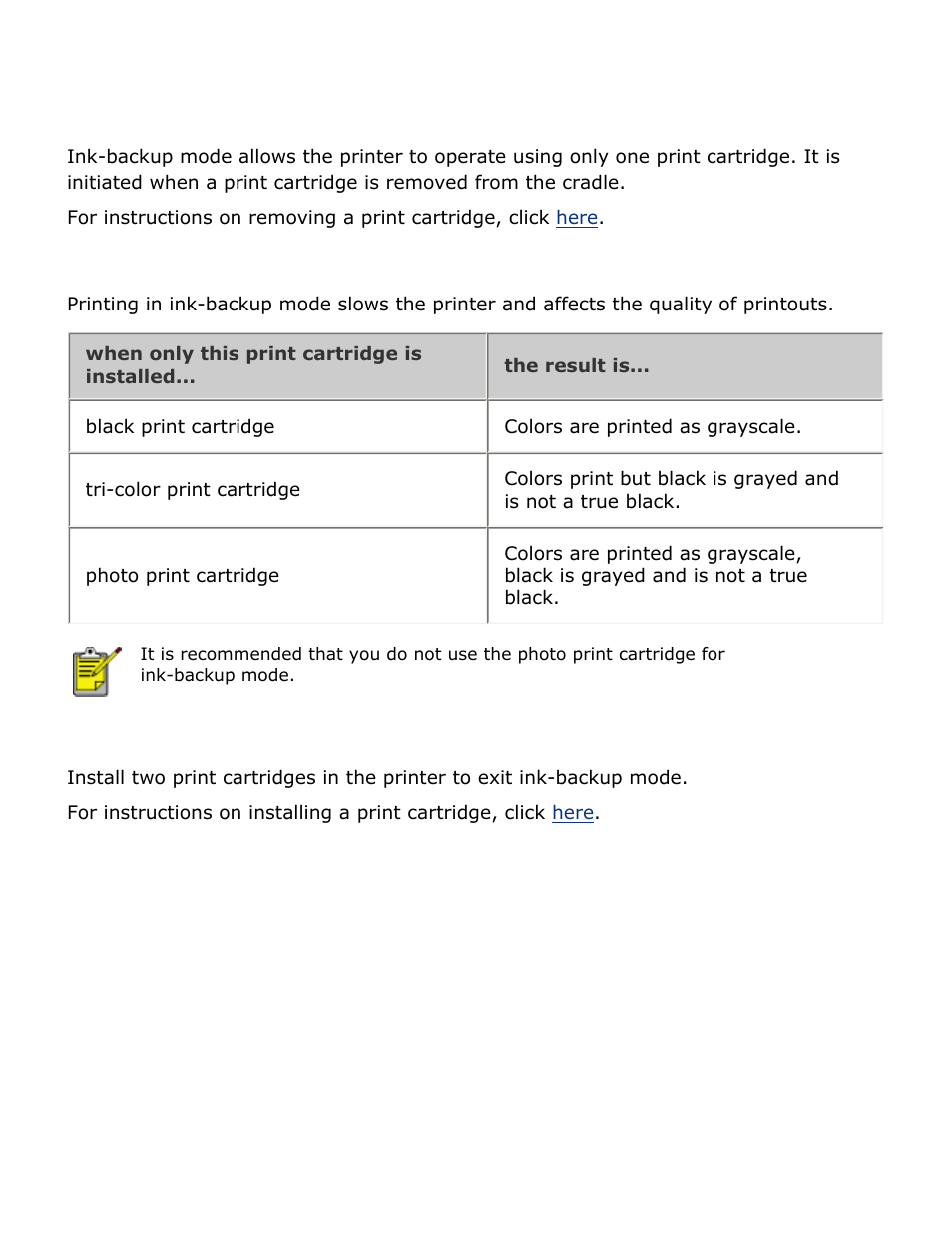 Ink-backup mode, Click, Here | HP Deskjet 5850 Color Inkjet Printer User Manual | Page 46 / 217
