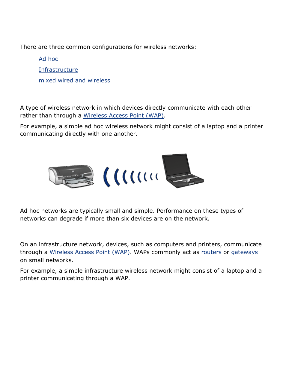 Wireless network examples, A common variety of wireless network is called an, Infrastructure network | To see some examples of wireless networks, click, Here, Ad hoc networks, Infrastructure networks | HP Deskjet 5850 Color Inkjet Printer User Manual | Page 70 / 217