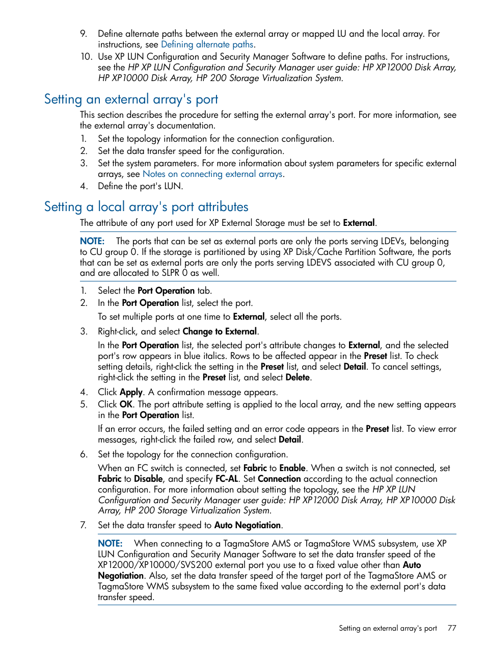 Setting an external array's port, Setting a local array's port attributes, Setting a local array's | Port attributes | HP StorageWorks XP Remote Web Console Software User Manual | Page 77 / 169