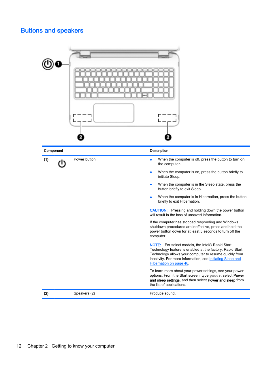 Buttons and speakers, 12 chapter 2 getting to know your computer | HP x360 350 G1 Convertible PC User Manual | Page 20 / 80