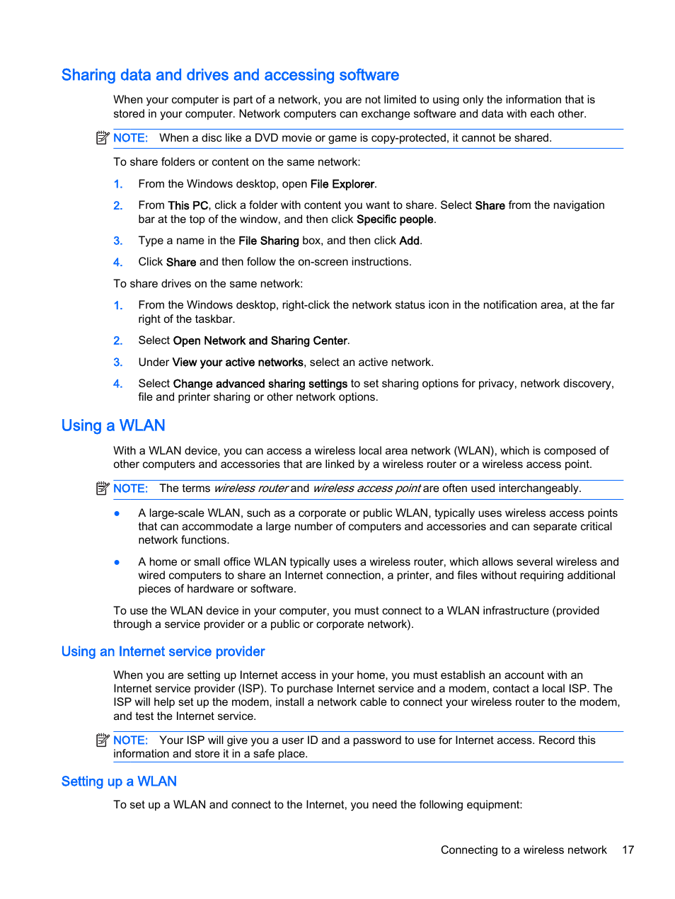 Sharing data and drives and accessing software, Using a wlan, Using an internet service provider | Setting up a wlan | HP x360 350 G1 Convertible PC User Manual | Page 25 / 80