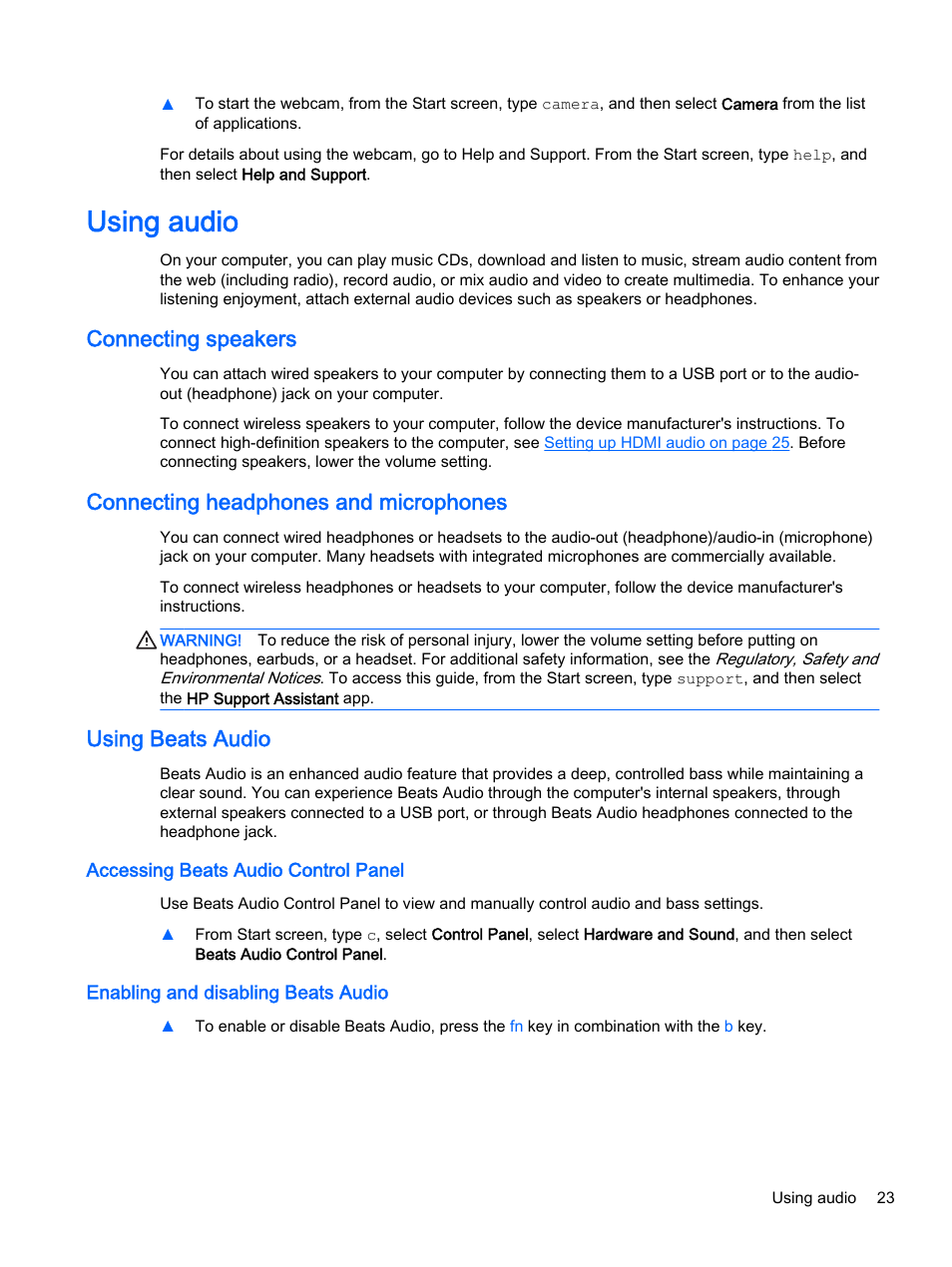 Using audio, Connecting speakers, Connecting headphones and microphones | Using beats audio, Accessing beats audio control panel, Enabling and disabling beats audio | HP x360 350 G1 Convertible PC User Manual | Page 31 / 80