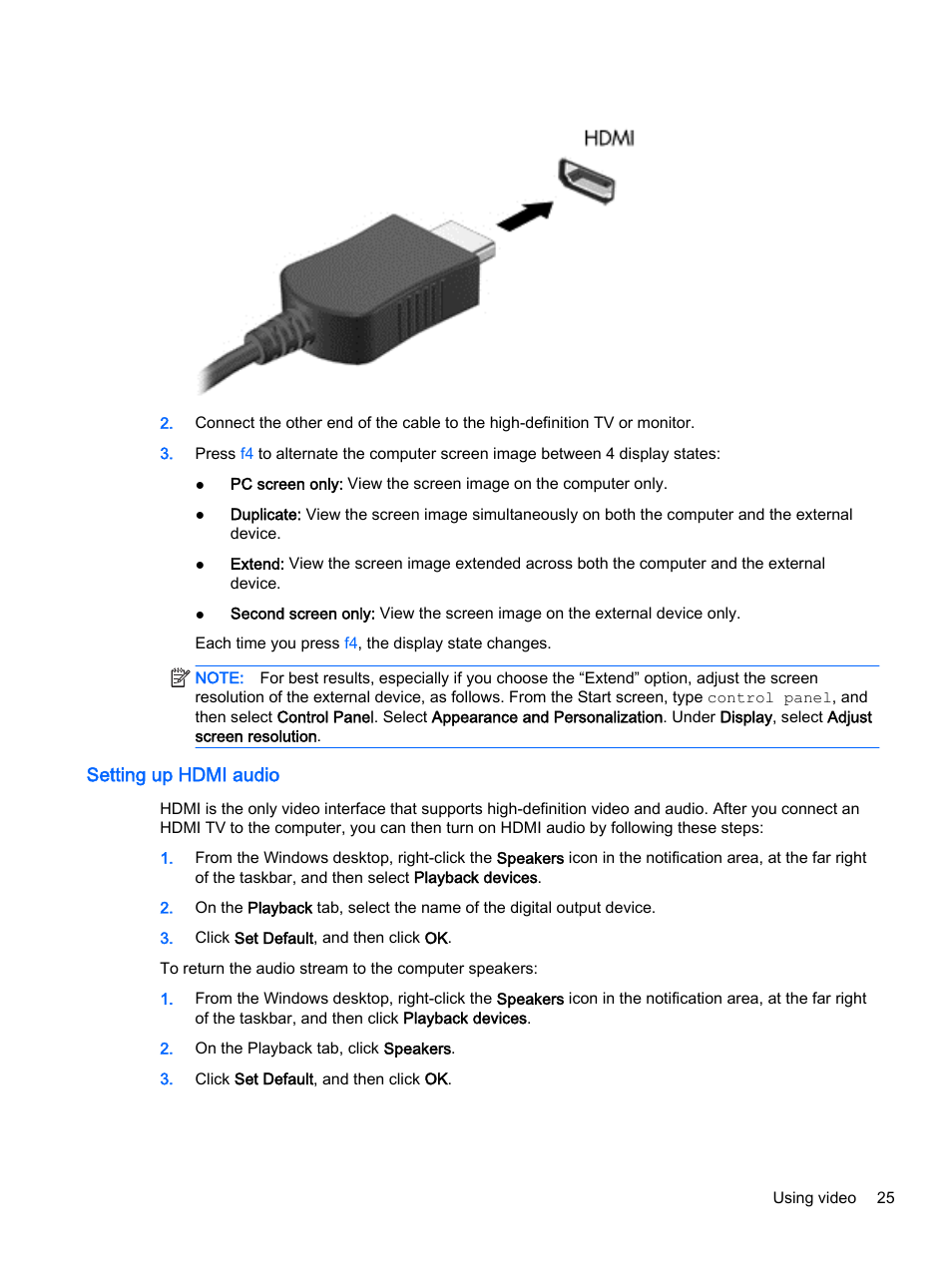 Setting up hdmi audio | HP x360 350 G1 Convertible PC User Manual | Page 33 / 80