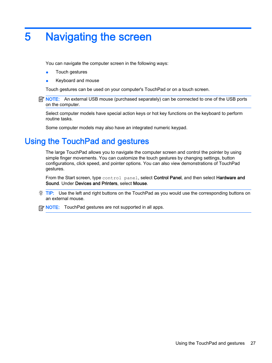 Navigating the screen, Using the touchpad and gestures, 5 navigating the screen | Es of text. see, 5navigating the screen | HP x360 350 G1 Convertible PC User Manual | Page 35 / 80