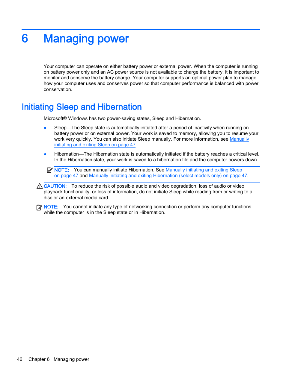 Managing power, Initiating sleep and hibernation, 6 managing power | 6managing power | HP x360 350 G1 Convertible PC User Manual | Page 54 / 80