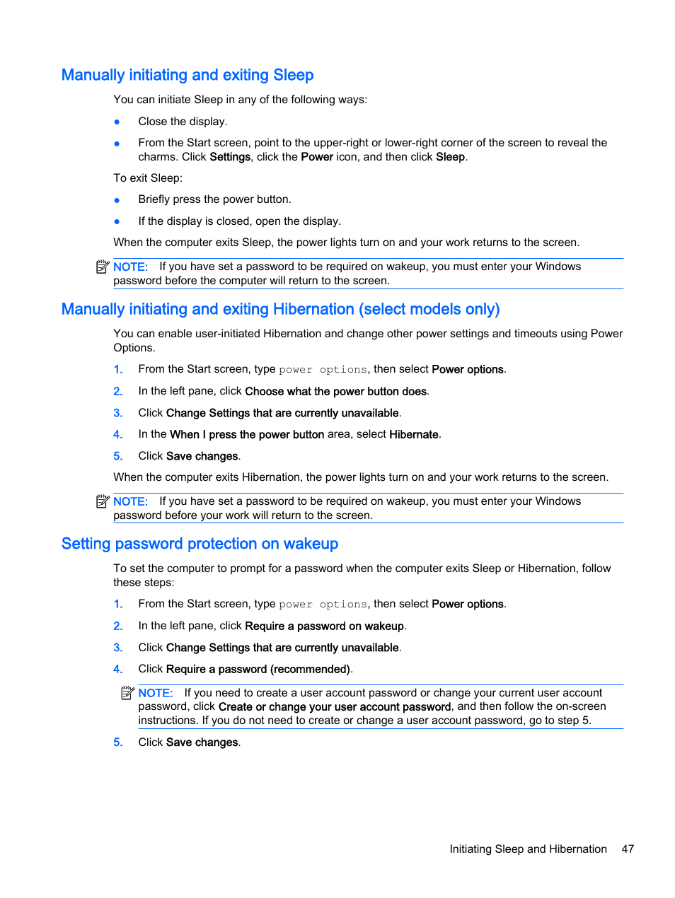 Manually initiating and exiting sleep, Setting password protection on wakeup, Manually | HP x360 350 G1 Convertible PC User Manual | Page 55 / 80