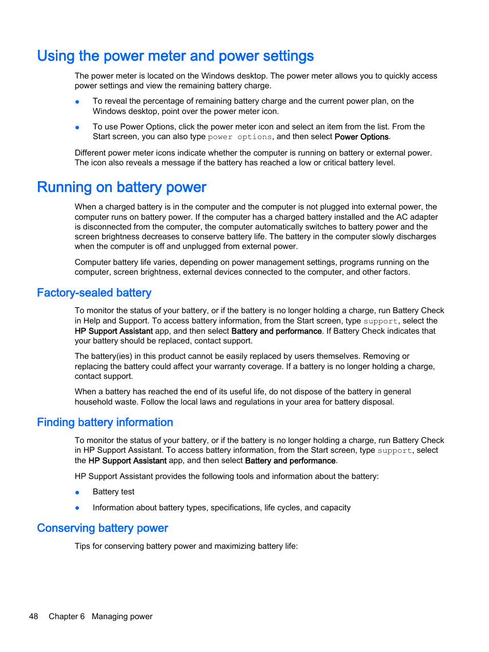 Using the power meter and power settings, Running on battery power, Factory-sealed battery | Finding battery information, Conserving battery power | HP x360 350 G1 Convertible PC User Manual | Page 56 / 80