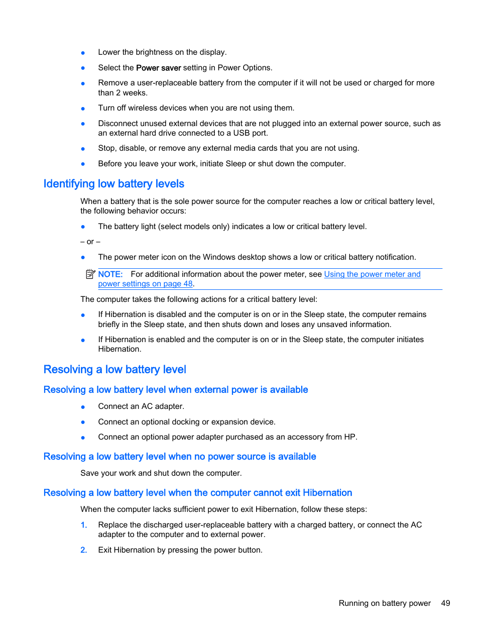 Identifying low battery levels, Resolving a low battery level | HP x360 350 G1 Convertible PC User Manual | Page 57 / 80
