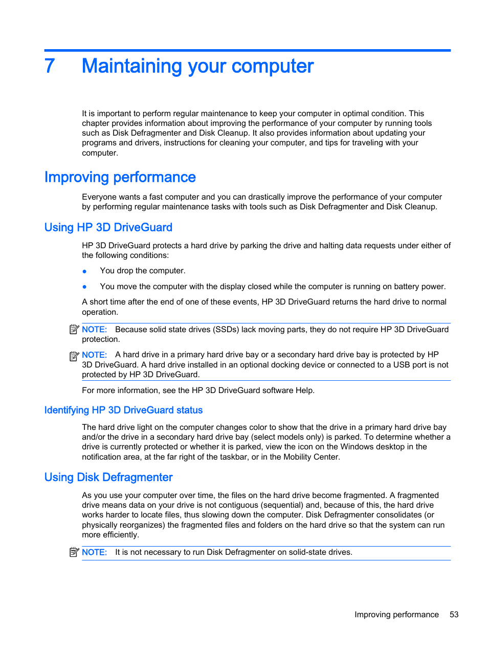 Maintaining your computer, Improving performance, Using hp 3d driveguard | Identifying hp 3d driveguard status, Using disk defragmenter, 7 maintaining your computer, 7maintaining your computer | HP x360 350 G1 Convertible PC User Manual | Page 61 / 80