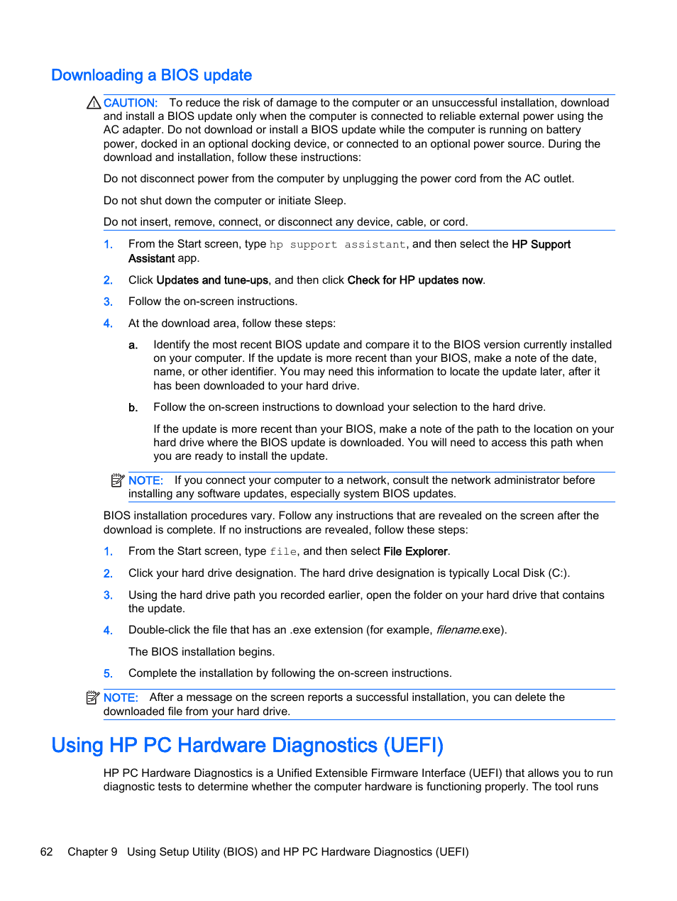 Downloading a bios update, Using hp pc hardware diagnostics (uefi) | HP x360 350 G1 Convertible PC User Manual | Page 70 / 80