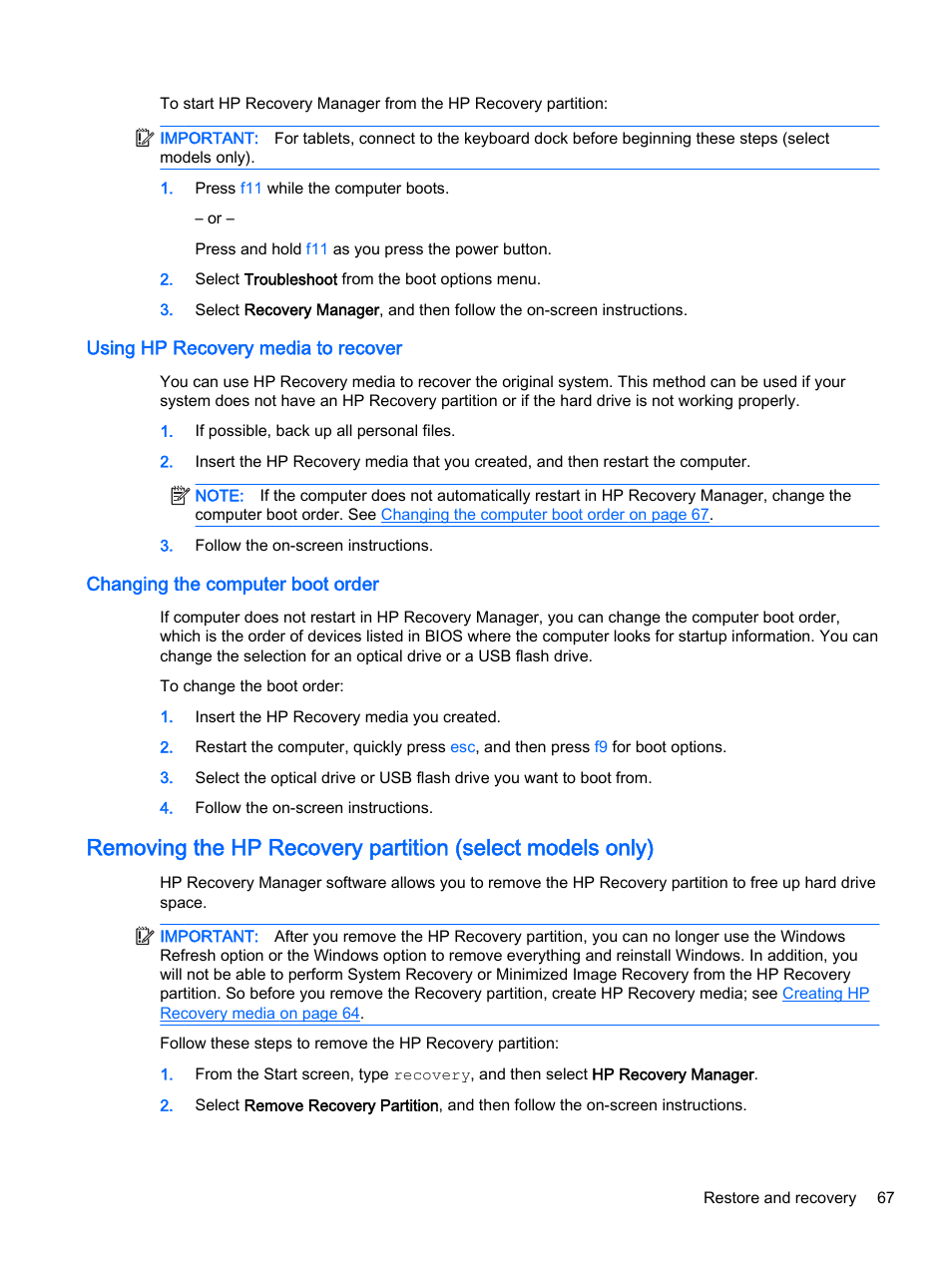 Using hp recovery media to recover, Changing the computer boot order | HP x360 350 G1 Convertible PC User Manual | Page 75 / 80