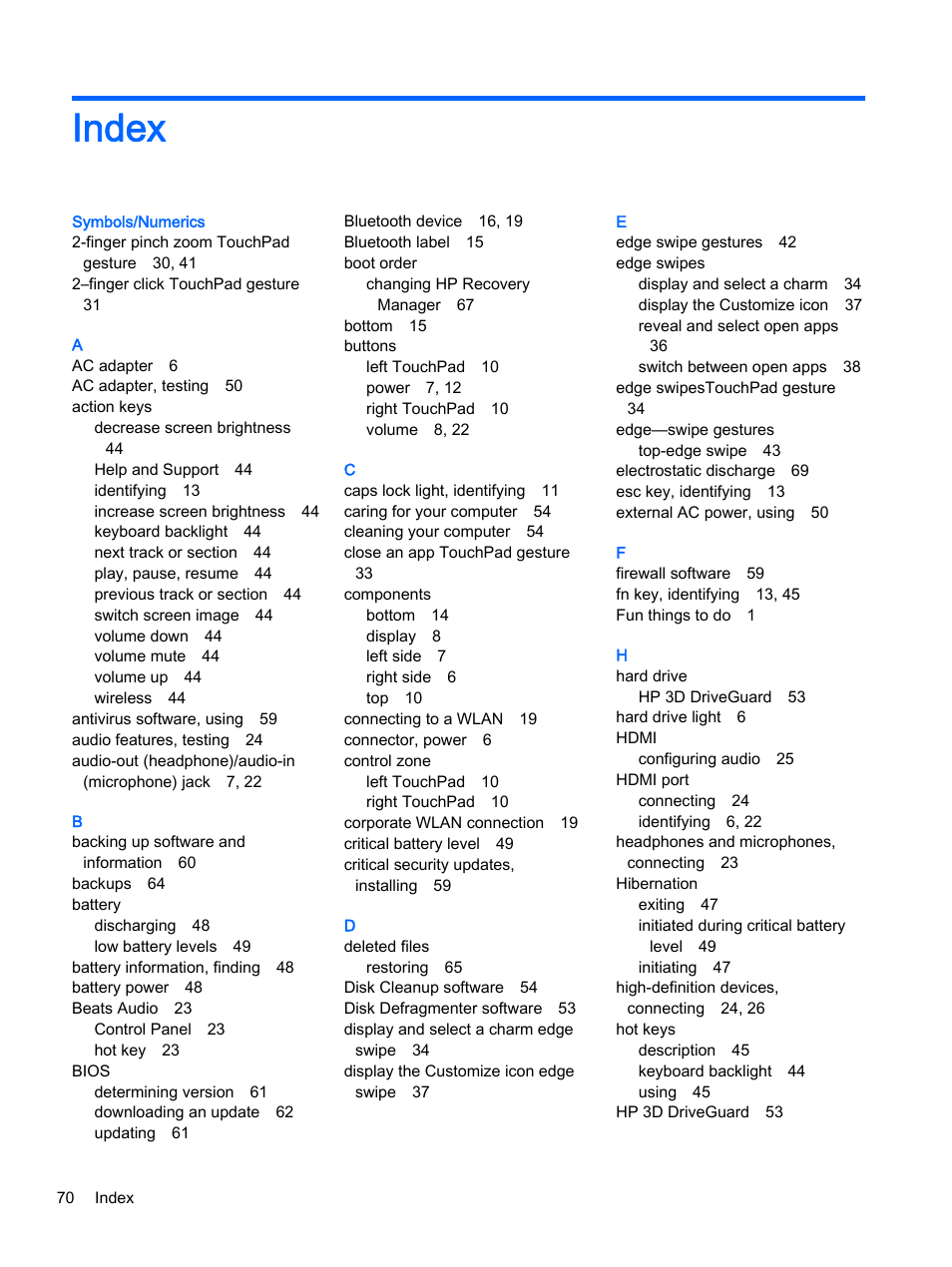 Index | HP x360 350 G1 Convertible PC User Manual | Page 78 / 80