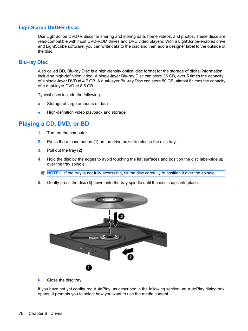 Lightscribe dvd+r discs, Blu-ray disc, Playing a cd, dvd, or bd | Lightscribe dvd+r discs blu-ray disc | HP Compaq Presario CQ41-211TX Notebook PC User Manual | Page 86 / 132