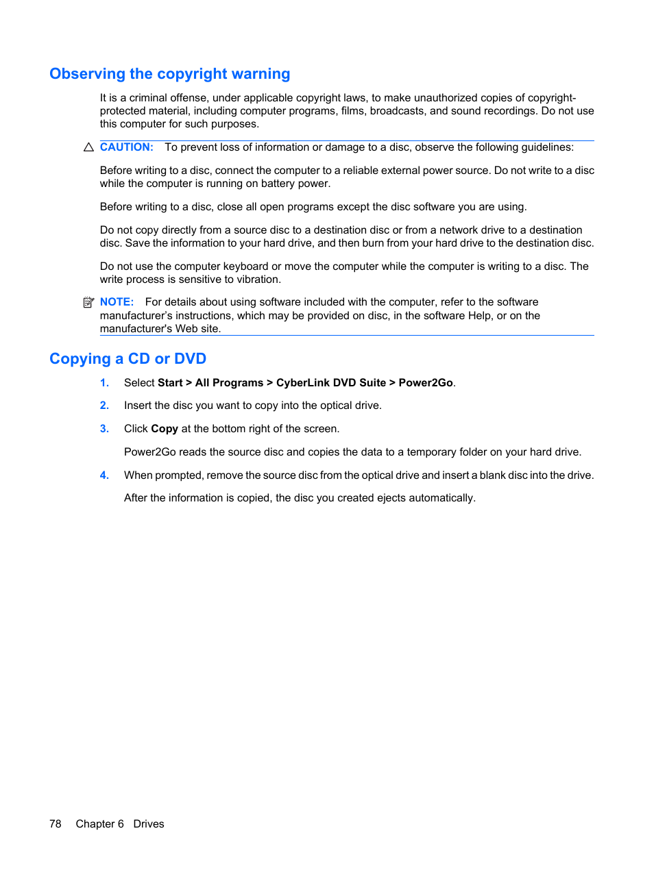 Observing the copyright warning, Copying a cd or dvd | HP Compaq Presario CQ41-211TX Notebook PC User Manual | Page 88 / 132